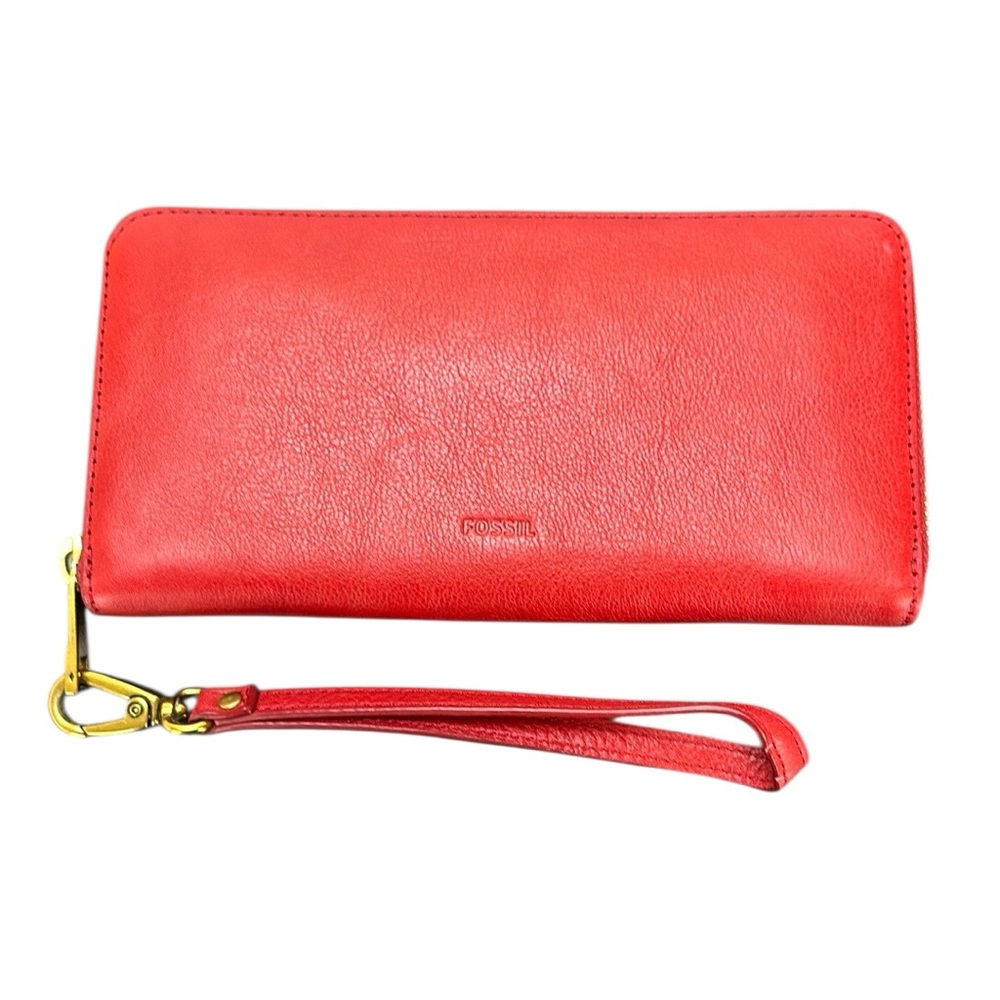 Fossel Red Pebbled Leather Wallet Wristlet Gold Tone Brass Zipper‎ Closure